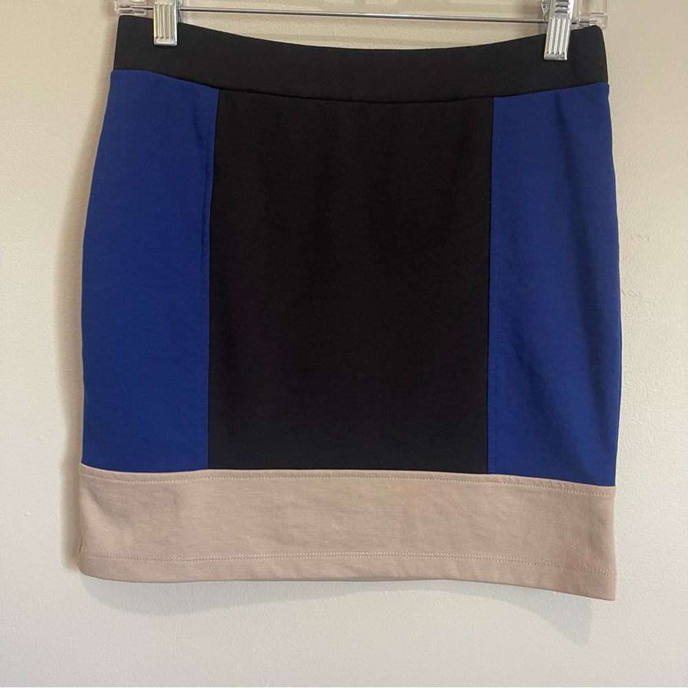Forever 21 Blue Black Tan Colorblock Ponte Mini Pencil Skirt Size L